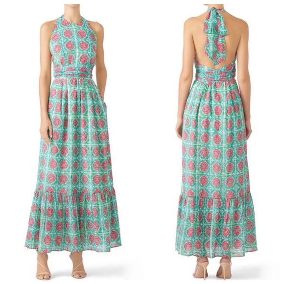 Banjanan Capri Indian Cotton Printed Halter Maxi Dress Green Pockets - Picture 1 of 13
